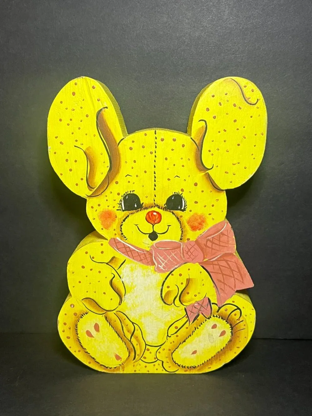 Vintage Cottagecore Wooden Hand Painted Yellow Easter Bunny Rabbit Figure 7.75